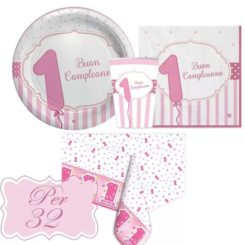 Kit n.16 primo compleanno rosa a strisce