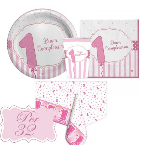 Kit n.16 primo compleanno rosa a strisce