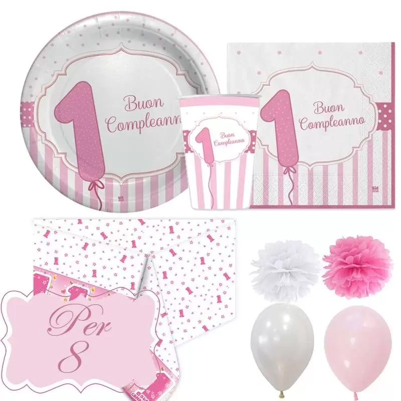 Kit n.49 un anno rosa a strisce - set tavola per 8