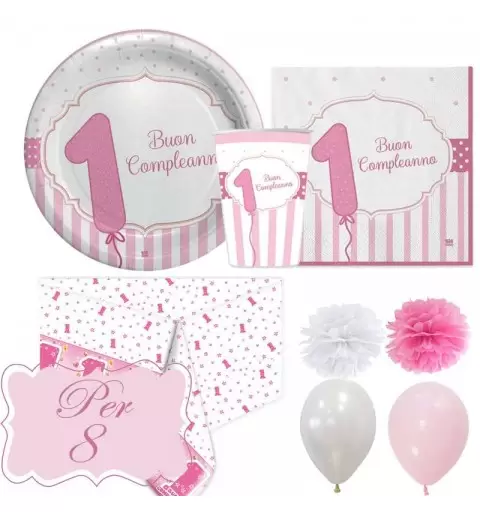Kit n.49 un anno rosa a strisce - set tavola per 8