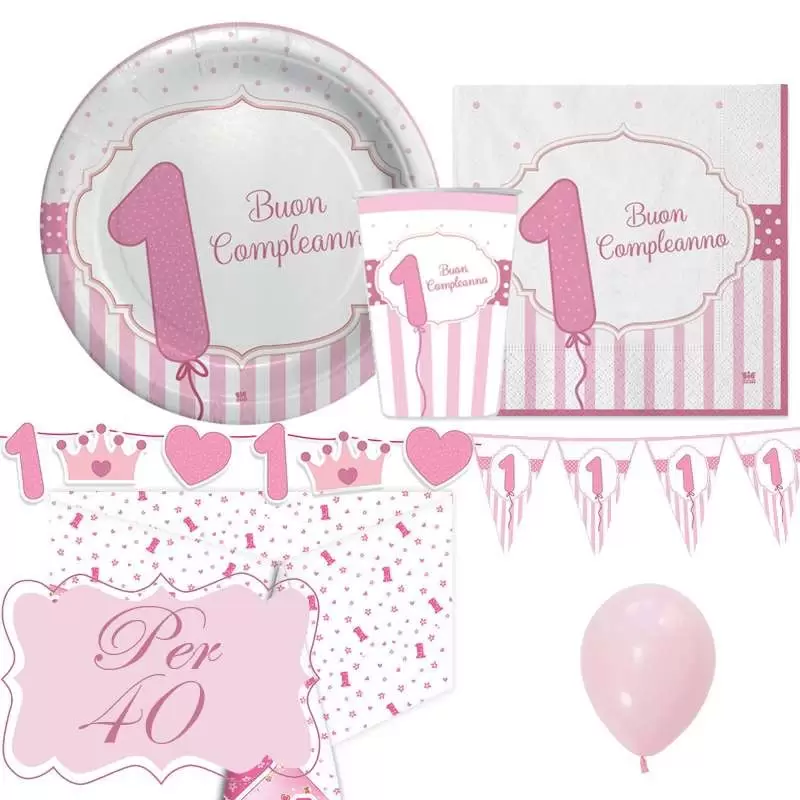 Kit n.27 primo compleanno rosa a strisce - completo per 40 persone
