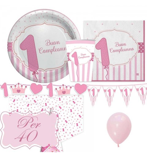 Kit n.27 primo compleanno rosa a strisce - completo per 40 persone
