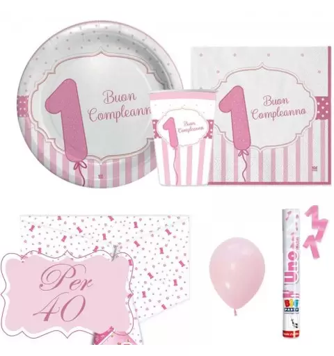 Kit n.30 primo compleanno rosa strisce