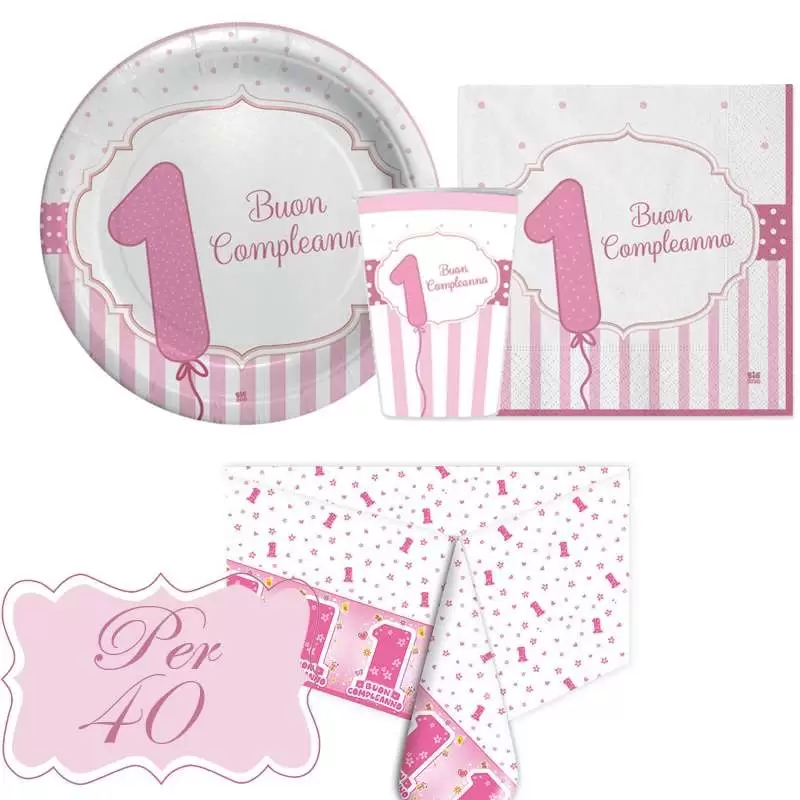 Kit n.3 un anno rosa strisce - completo tavola