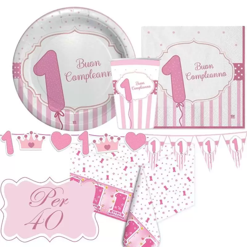 Kit n.17 un anno rosa a strisce - addobbi tavola