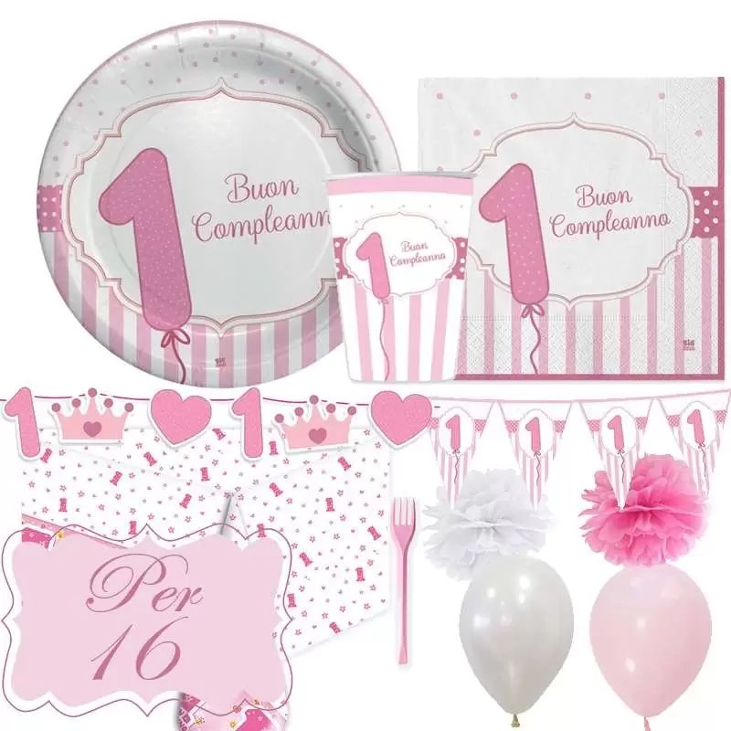 Kit n.54 un anno rosa strisce - completo tavola per 16