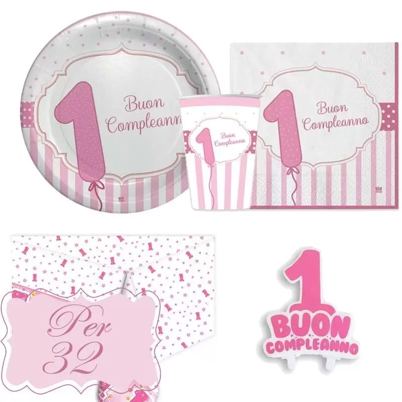 Kit n.24 un anno rosa strisce con candelina per torta