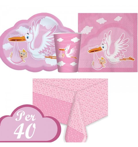 Kit n.3 cicogna nuvola rosa - set nascita per 40