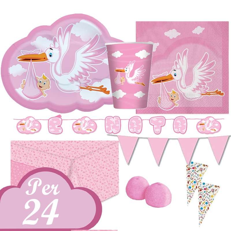 Kit n.51 cicogna nuvola rosa - set tavola nascita
