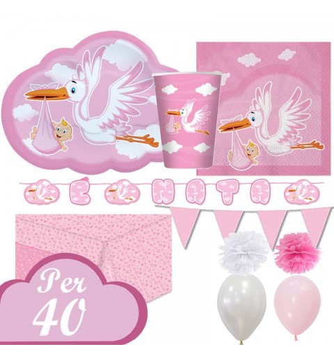 Kit n.55 cicogna nuvola rosa - addobbi tavola nascita