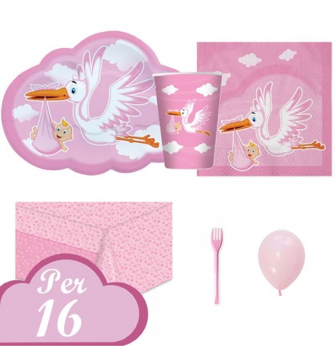 Kit n.6 cicogna nuvola rosa - set con palloncini e forchette