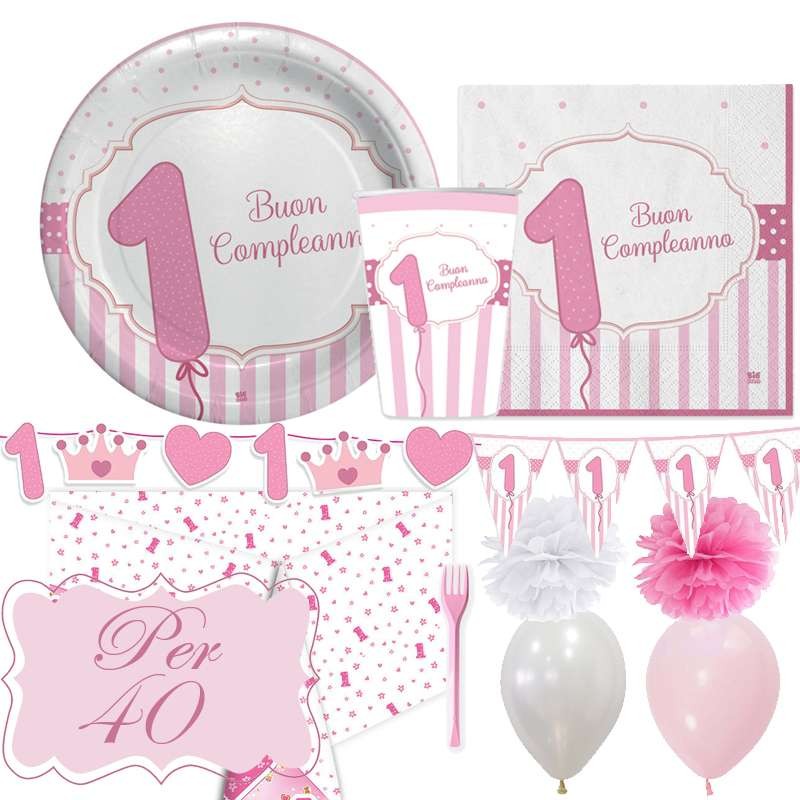 Kit n.30 primo compleanno rosa strisce
