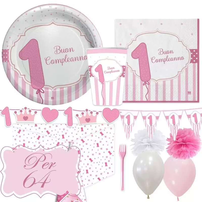 Kit n.64 un anno strisce rosa - coordinato tavola primo compleanno