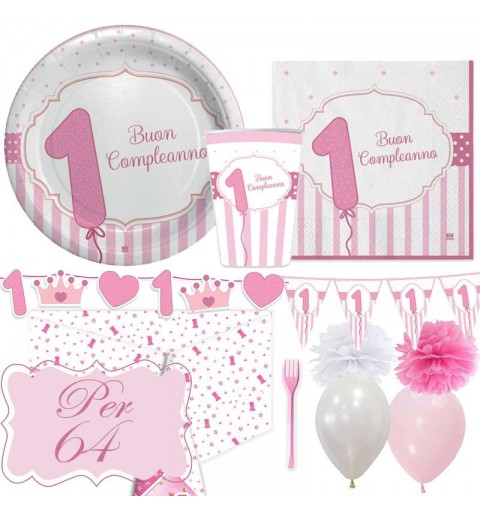 Kit n.64 un anno strisce rosa - coordinato tavola primo compleanno