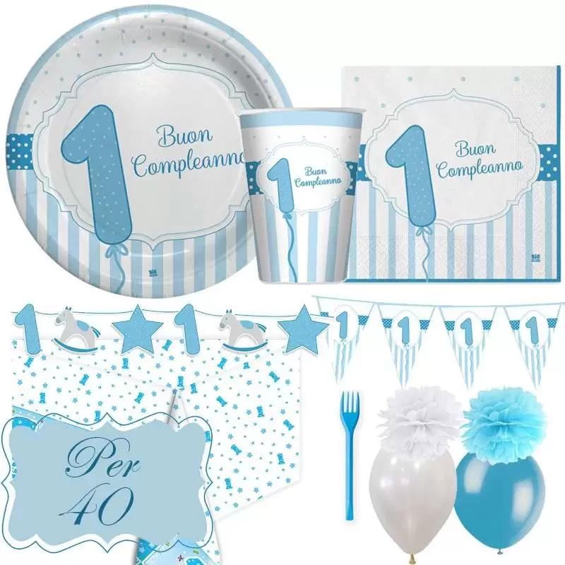 Kit n.59 un anno strisce celeste - coordinato festa primo compleanno