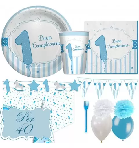 Kit n.59 un anno strisce celeste - coordinato festa primo compleanno