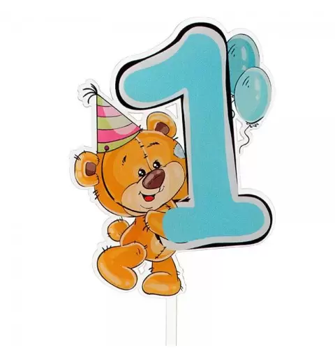 Cake topper orsetto un anno celeste in plexiglass