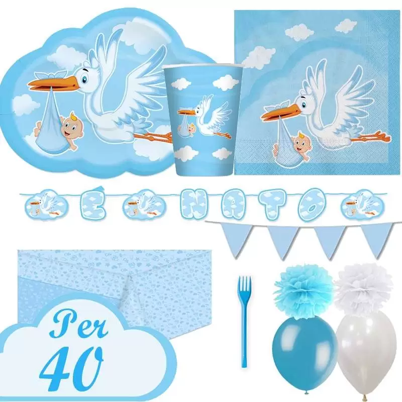 Kit n.59 cicogna nuvola celeste - set festa nascita bimbo
