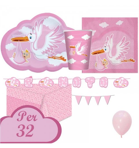 Kit n.27 cicogna nuvola rosa - set festa nascita bambina