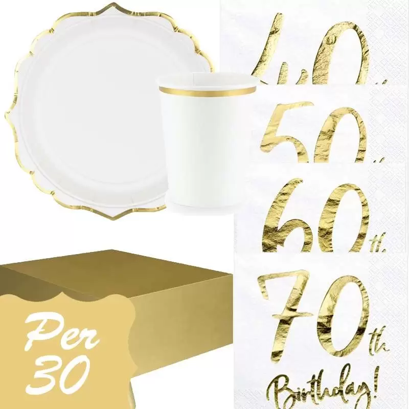 Kit n.3 set tavola 40 50 60 o 70 anni - set festa bianco e oro