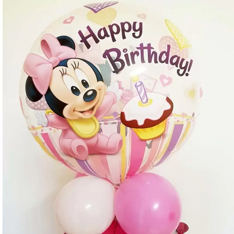 COMPOSIZIONE CENTROTAVOLA PALLONCINI 1 ANNO MINNIE BABY BUBBLE FAI DA TE