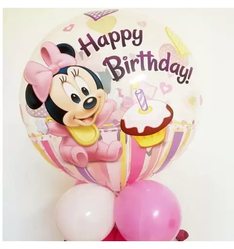 COMPOSIZIONE CENTROTAVOLA PALLONCINI 1 ANNO MINNIE BABY BUBBLE FAI DA TE