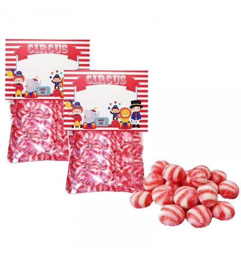 Bustine caramelle tema circo - con twist rossi e bianchi e targhette
