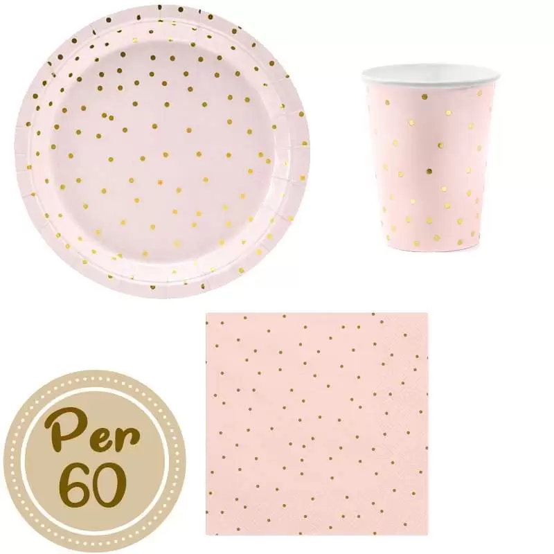 Kit n.29 rosa pois oro - set festa per 60 persone