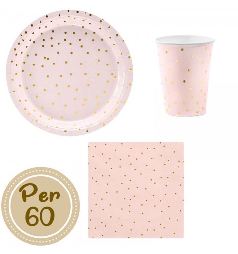 Kit n.29 rosa pois oro - set festa per 60 persone