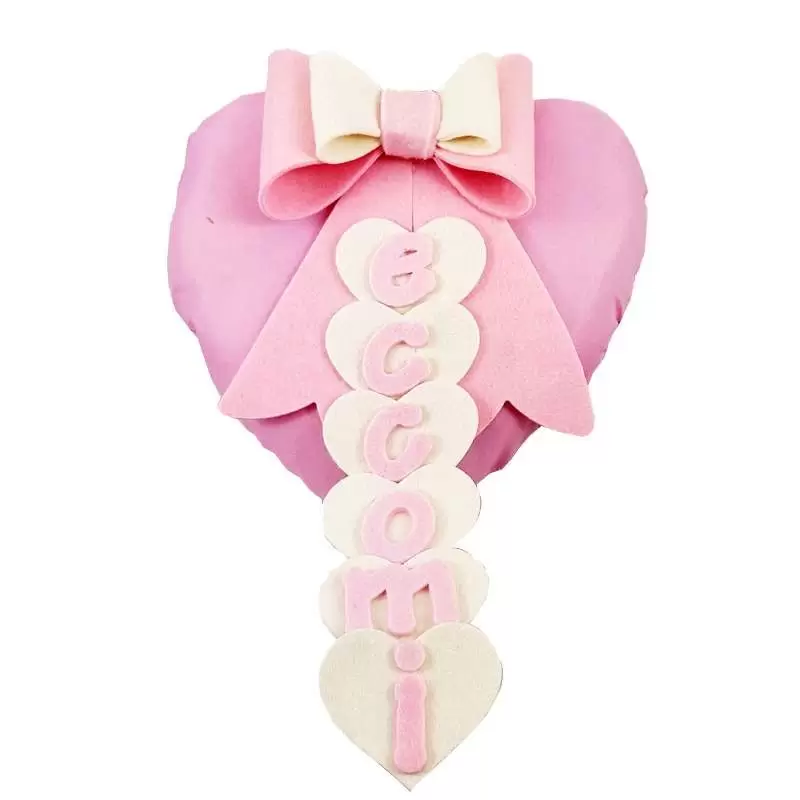 Fiocco nascita cuore con scritta eccomi rosa