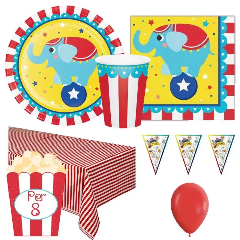 KIT N 1 COORDINATO TAVOLA TEMA CIRCO SET COMPLEANNO BIMBI BAMBINI PALLONCINI
