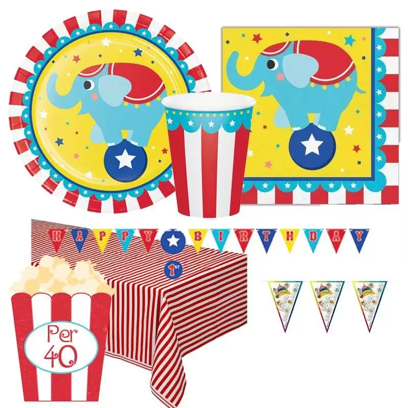 KIT N 17 COORDINATO COMPLEANNO CIRCO CON BANDIERINA GHIRLANDA PIATTI BICCHIERI