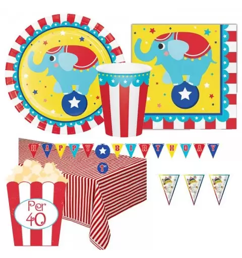 KIT N 17 COORDINATO COMPLEANNO CIRCO CON BANDIERINA GHIRLANDA PIATTI BICCHIERI