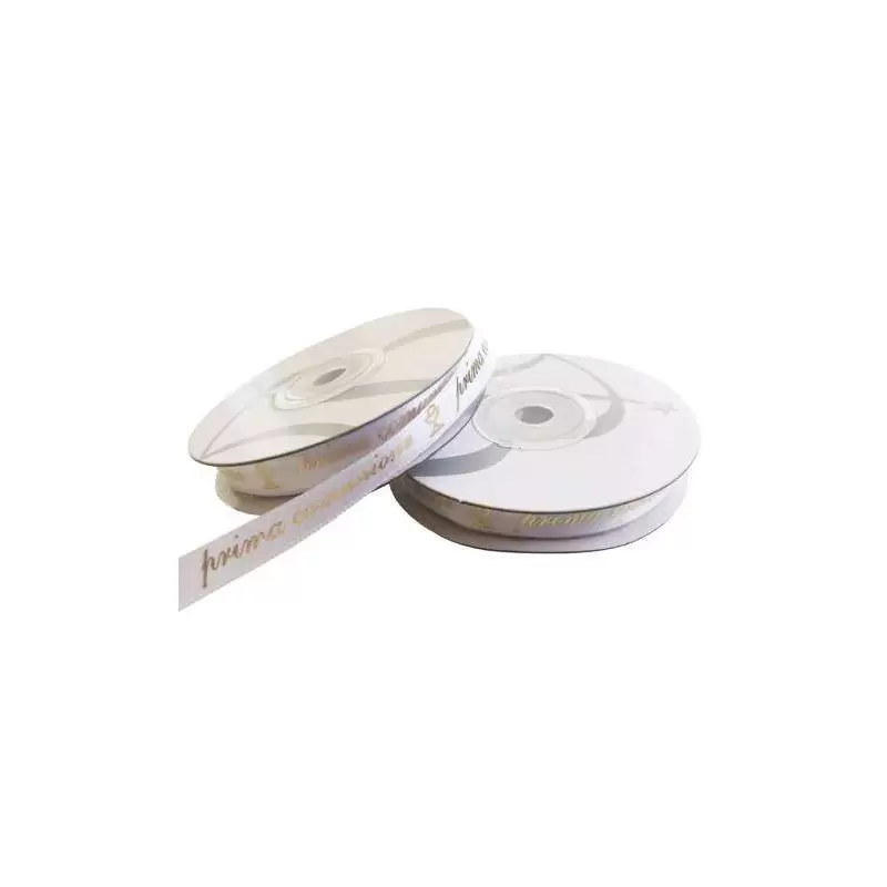 1 rotolo di natstrino bianco con scritta Prima Comunione oro Dimensioni: mm 10 X 25 mt
