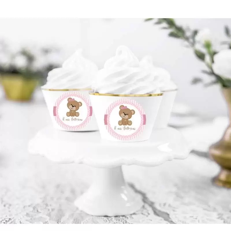 Fascette muffin battesimo orsetto rosa con adesivi