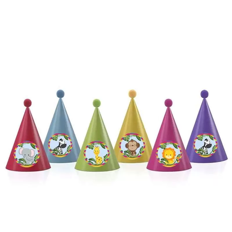 Cappellini cono con adesivi animali della giungla - 12 pz