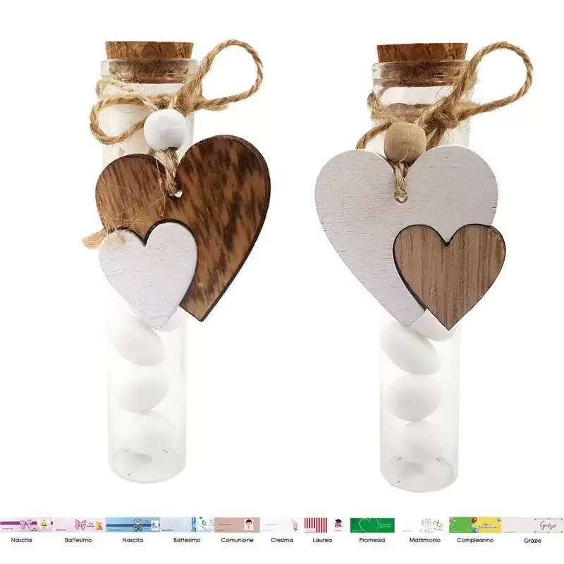 Bomboniere cuori di legno bicolor con provette - 12 pz