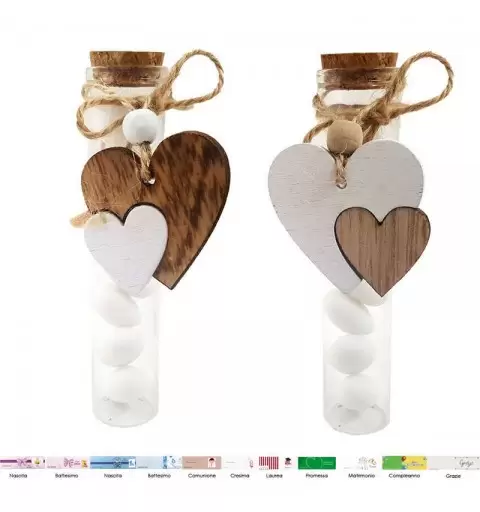 Bomboniere cuori di legno bicolor con provette - 12 pz