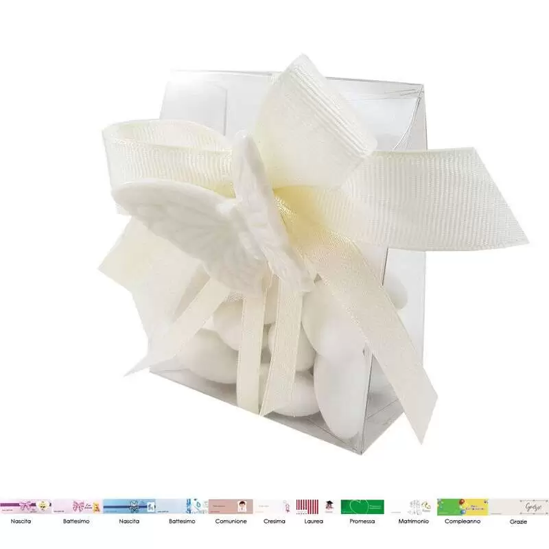 Bomboniere farfalle bianche di ceramica con scatoline di plastica