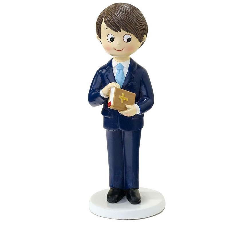 Cake topper bambino smoking blu e Bibbia Prima Comunione