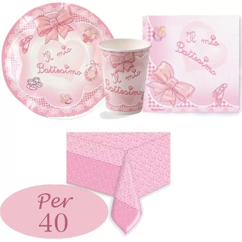 KIT 16 - 121 PZ. COORDINATO TAVOLA IL MIO BATTESIMO FIOCCO ROSA