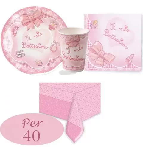KIT 16 - 121 PZ. COORDINATO TAVOLA IL MIO BATTESIMO FIOCCO ROSA