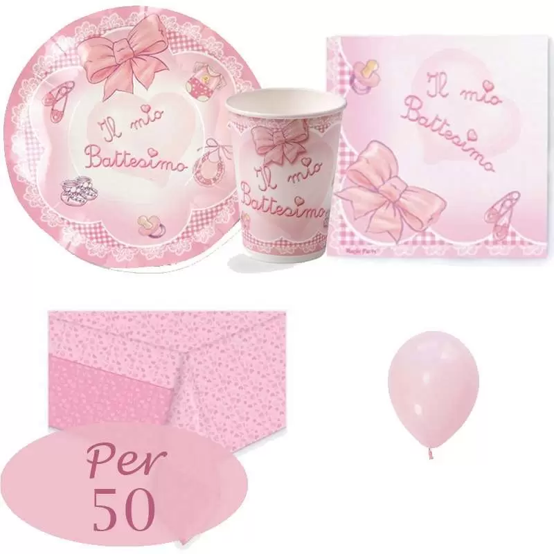 KIT N 8 COORDINATO BATTESIMO FIOCCO ROSA SET TAVOLA FESTA BATTESIMO 