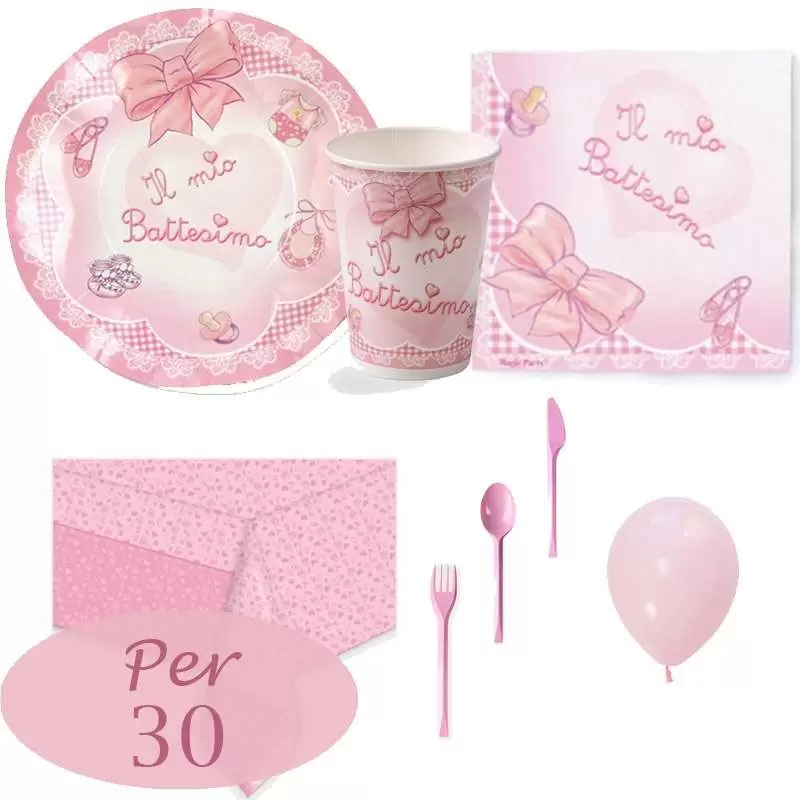 BATTESIMO FIOCCO ROSA POSATE KIT