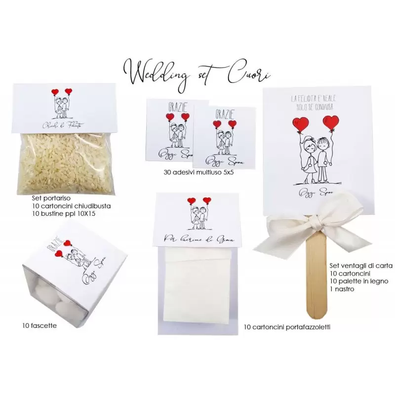 Set di carta matrimonio cuori - etichette adesivi portariso ventagli