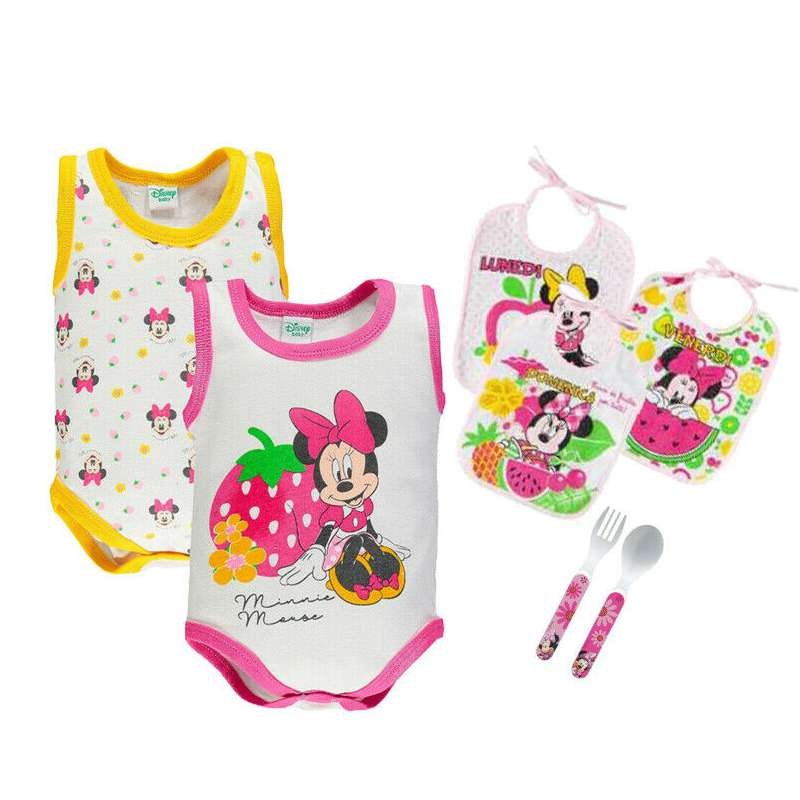 Body Minnie giallo e fucsia con posate e bavette