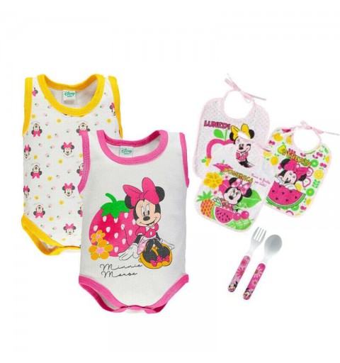 Body Minnie giallo e fucsia con posate e bavette