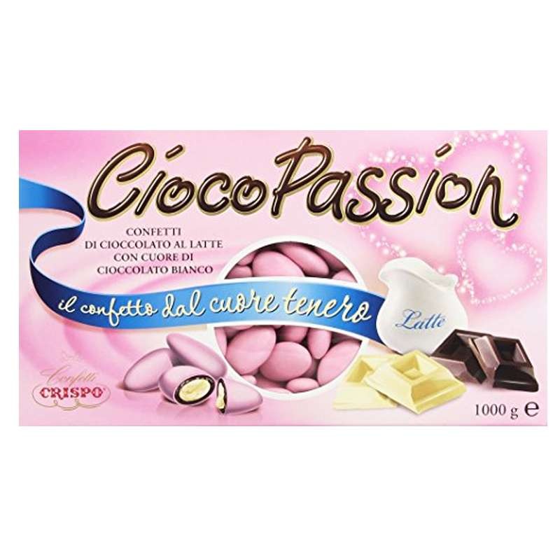 Una confezione da 1 kg di confetti Crispo Ciocopassion al cioccolato bianco al latte. I confetti sono di colore rosa. 708645
