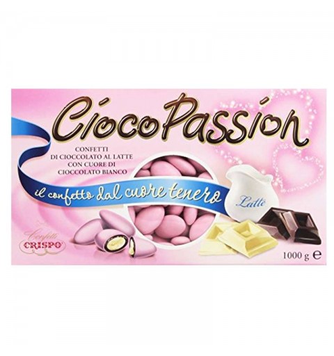 Una confezione da 1 kg di confetti Crispo Ciocopassion al cioccolato bianco al latte. I confetti sono di colore rosa. 708645