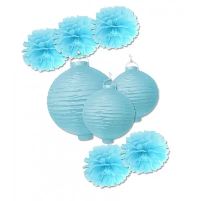 DECORAZIONI FESTA FLUFFY POMPON 5 PZ + LANTERNE IN CARTA ( 2 DA 20 CM + 1 DA 30 CM )